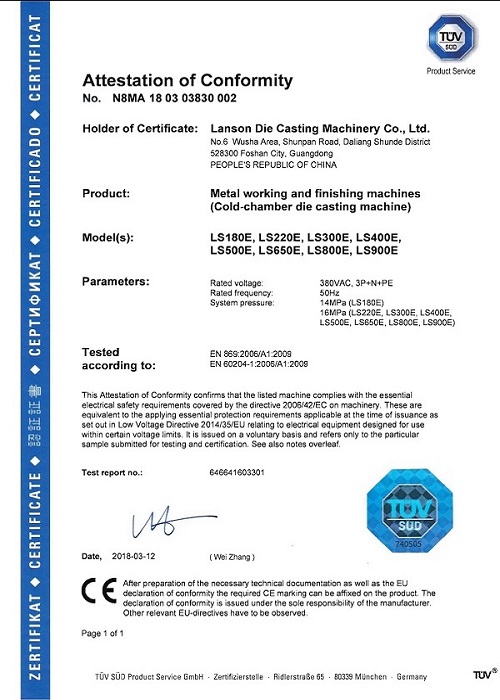 CE Certificate of Die-casting machines