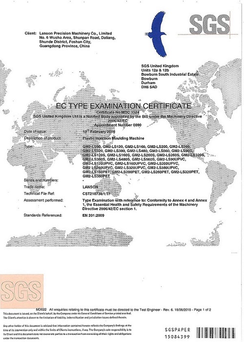 CE Certificate of plastic Injection moulding machine